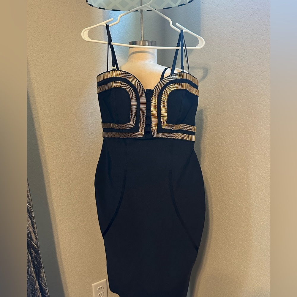Fashion Nova Black and Gold Bodycon Dress with Removable Straps